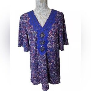 Alya Women's Blue Embroidered‎ Floral Print Short Sleeve Knit Dress Size Small